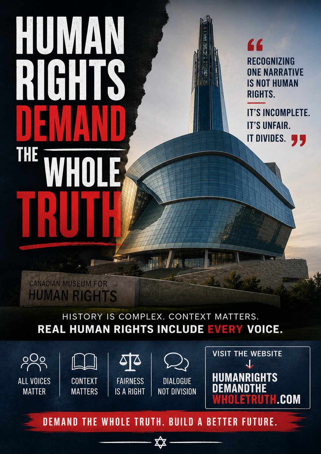 Campaign poster: Human Rights Demand the Whole Truth, over an image of the Canadian Museum for Human Rights. Recognizing one narrative is not human rights — it's incomplete, it's unfair, it divides.