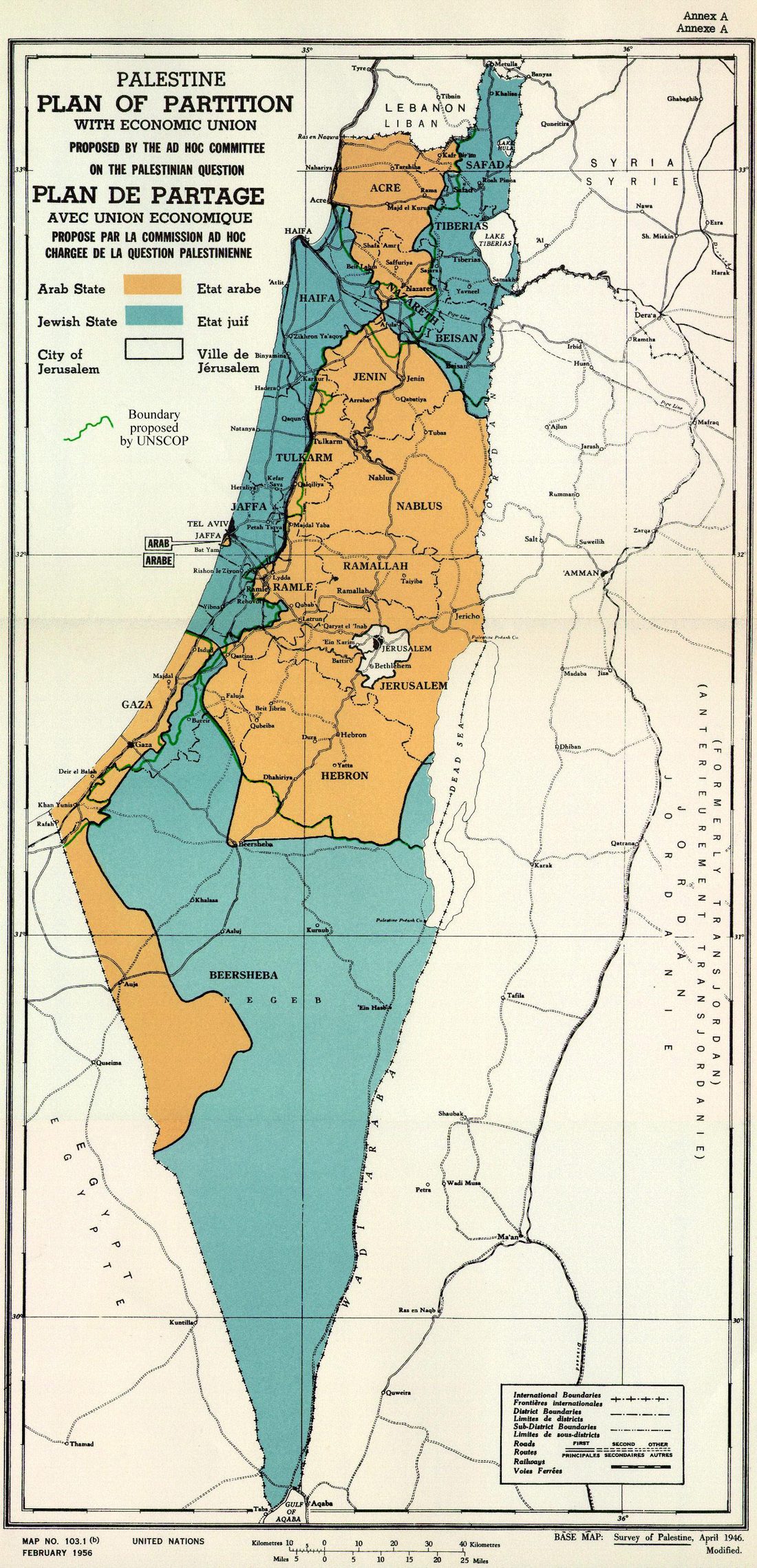 The 1947 United Nations partition map of Palestine, showing the proposed Jewish state in blue and the Arab state in orange.